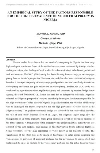 An Empirical Study of the Factors Responsible for the High Prevalence of Video Film Piracy in Nigeria