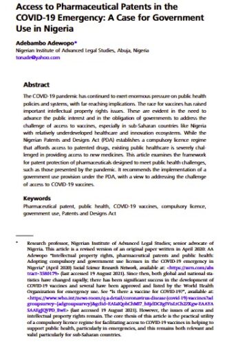 Access to Pharmaceutical Patents in the COVID-19 Emergency_ Nigeria by Adebambo Adewopo