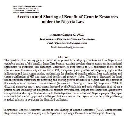 Access to and Sharing of Benefit of Genetic Resources under the Nigeria Law by Amokaye Oludayo G., 2012