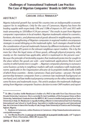 Challenges of Transnational Trademark Law Practice by Caroline Joëlle Nwabueze