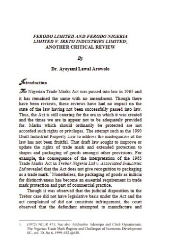 Ferodo Limited and Ferodo Nigeria Limited v. Ibeto Industries Limited Another Critical Review by Dr. Ayoyemi Lawal Arowolo