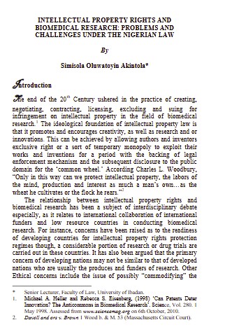 Intellectual Property Rights and Biomedical Research Problems and Challenges under the Nigerian Law by Simisola Oluwatoyin Akinola