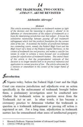 One Trademark, Two Courts - Ayman v. Akume Revisited by Adebambo Adewopo