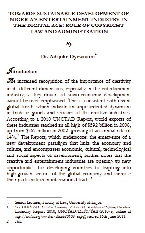 Towards Sustainable Development of Nigeria’s Entertainment Industry in the Digital Age Role of Copyright Law and Administration
